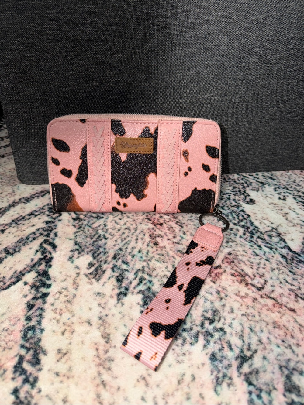 Wrangler Pink and Black Cowhide-Print Zip Wallet with Wristlet